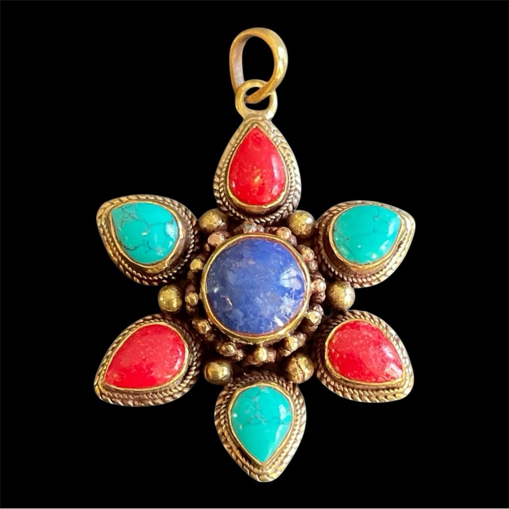 Tibetan Flower Pendant in Brass with Crystal Petals